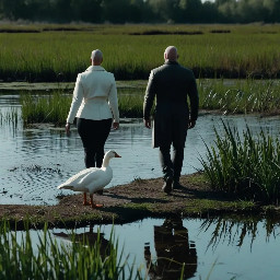 white goose in wetlands in the forefront. A young bald man and a young woman walking by the hand from afar