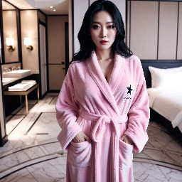 generate a teen kpop woman in a five star really soft pink fleece floor length luxury hotel bathrobe and show floor