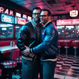 Hyper-realistic full body shot of a muscular American football jock wearing a detailed wool and leather varsity jacket, warmly hugging a teenage nerd with glasses and a polo shirt. Both are standing in a 1950s American Diner. Neon lights in blue and pink tones, classic black and white checkered floor. Cinematic lighting, 8k resolution, shot on 35mm lens, f/1.8, highly detailed skin textures and fabric, raw photo, nostalgic atmosphere."