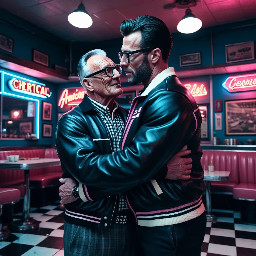 Hyper-realistic full body shot of a muscular American football jock wearing a detailed wool and leather varsity jacket, warmly hugging a teenage nerd with glasses and a polo shirt. Both are standing in a 1950s American Diner. Neon lights in blue and pink tones, classic black and white checkered floor. Cinematic lighting, 8k resolution, shot on 35mm lens, f/1.8, highly detailed skin textures and fabric, raw photo, nostalgic atmosphere."