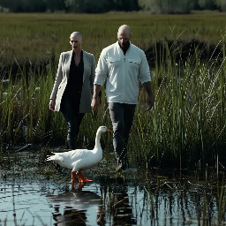 white goose in wetlands in the forefront. A young bald man and a young woman walking by the hand from afar