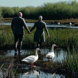 white goose in wetlands in the forefront. A young bald man and a young woman walking by the hand in the very background