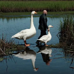 white goose in wetlands in the forefront. A young bald man and a young woman walking by the hand from afar