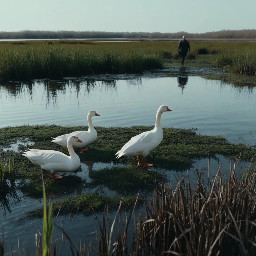 white goose in wetlands in the forefront. A young bald man and a young woman walking by the hand from afar