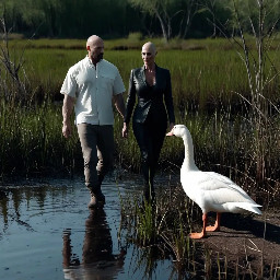 white goose in wetlands in the forefront. A young bald man and a young woman walking by the hand from afar