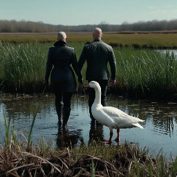 white goose in wetlands in the forefront. A young bald man and a young woman walking by the hand in the very background