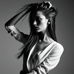 One hand adjusting hair, other hand on waist, head slightly tilted, confident expression, fashion editorial pose
