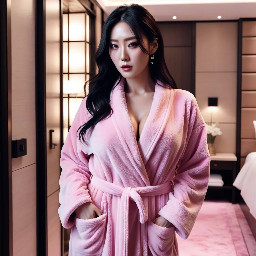 generate a teen kpop woman in a five star really soft pink fleece floor length luxury hotel bathrobe and show floor