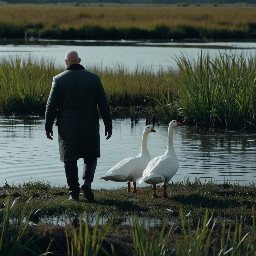 white goose in wetlands in the forefront. A young bald man and a young woman walking by the hand from afar
